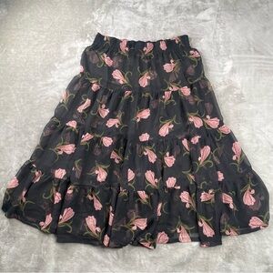 Vintage Chaus Chic Black and Pink Floral Midi Skirt Size M